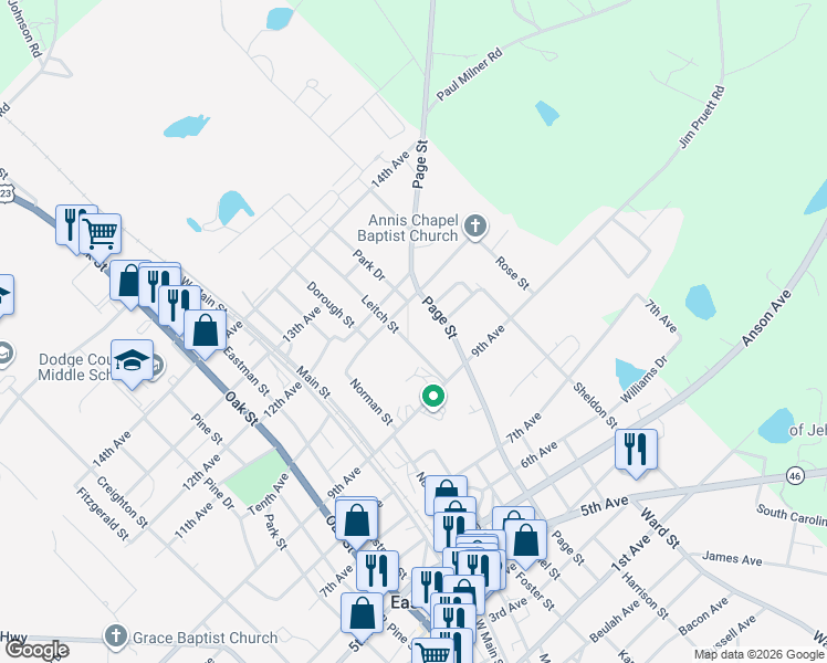 map of restaurants, bars, coffee shops, grocery stores, and more near 5528 Leitch Street in Eastman