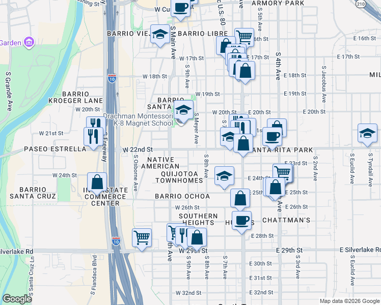 map of restaurants, bars, coffee shops, grocery stores, and more near 1211 South 9th Avenue in Tucson