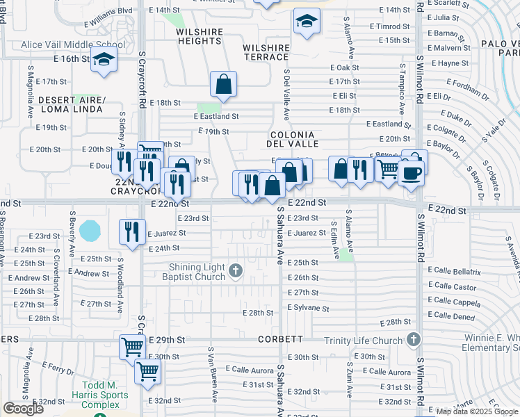 map of restaurants, bars, coffee shops, grocery stores, and more near 5810 East 22nd Street in Tucson