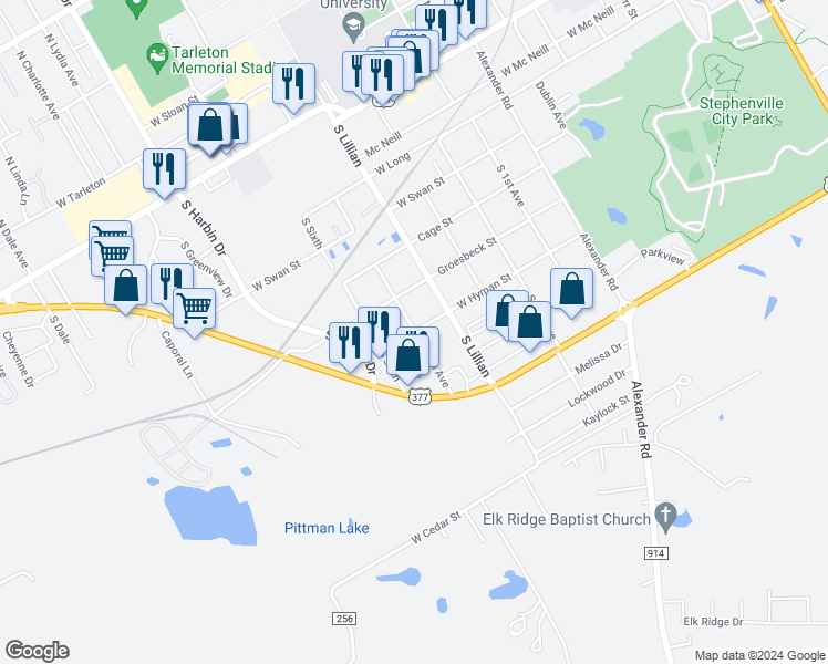 map of restaurants, bars, coffee shops, grocery stores, and more near 1600 Hyman Street in Stephenville