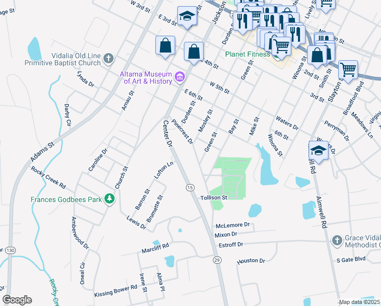 map of restaurants, bars, coffee shops, grocery stores, and more near 403 Pinecrest Drive in Vidalia
