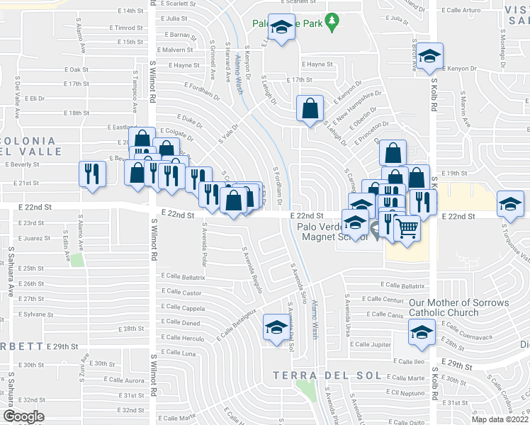 map of restaurants, bars, coffee shops, grocery stores, and more near E 22nd St & S Eli Dr in Tucson