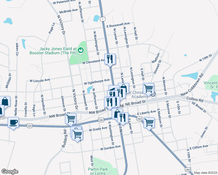 map of restaurants, bars, coffee shops, grocery stores, and more near 116 West Wesley Avenue in Lyons