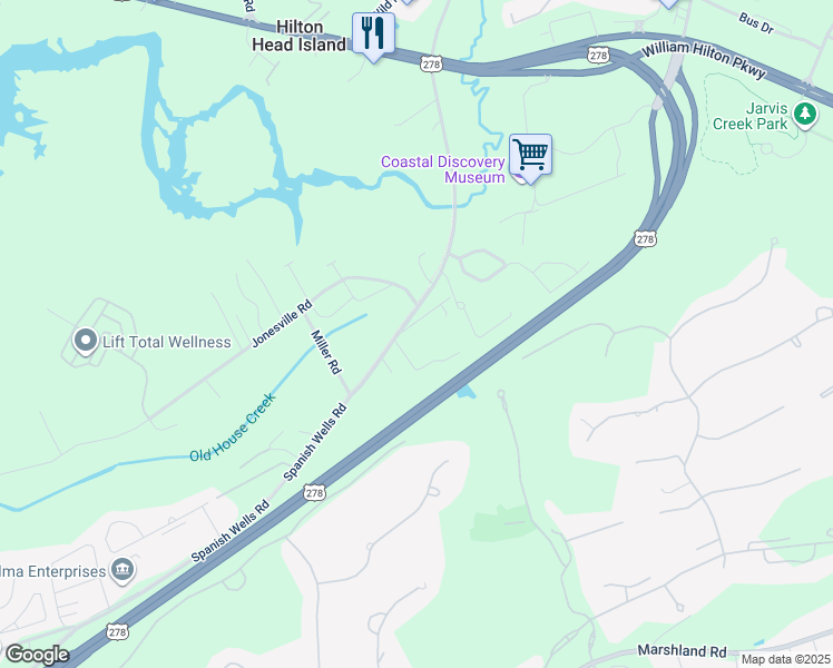 map of restaurants, bars, coffee shops, grocery stores, and more near 83 Thomas Cohen Drive in Hilton Head Island