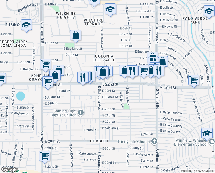 map of restaurants, bars, coffee shops, grocery stores, and more near 5952 East 22nd Street in Tucson