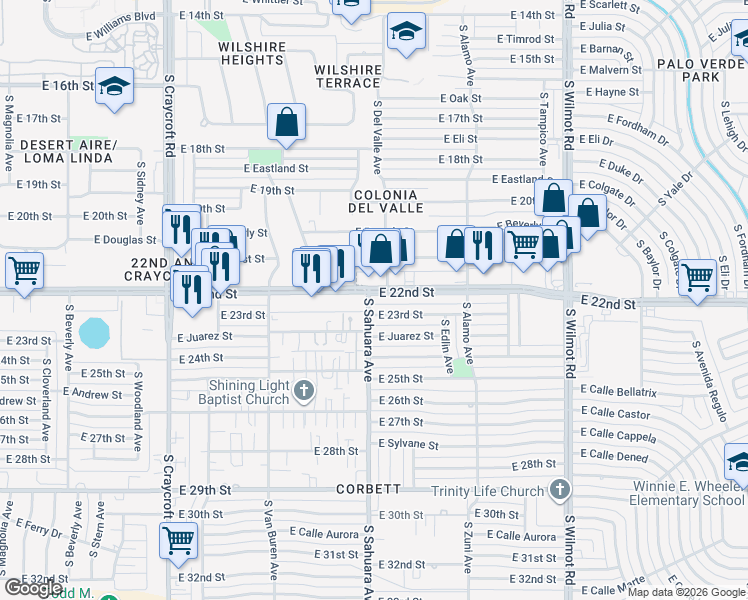 map of restaurants, bars, coffee shops, grocery stores, and more near 5902 East 22nd Street in Tucson