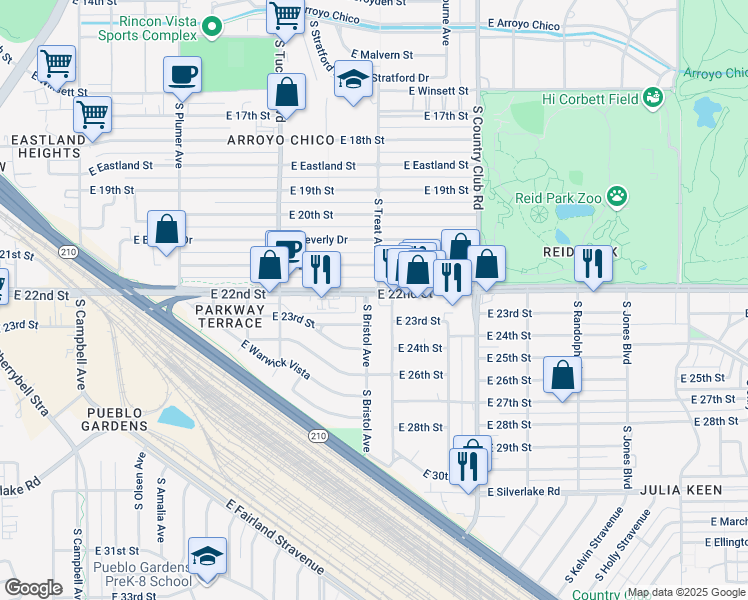 map of restaurants, bars, coffee shops, grocery stores, and more near 1201 South Bristol Avenue in Tucson