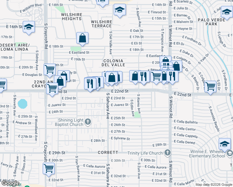 map of restaurants, bars, coffee shops, grocery stores, and more near 5952 East 22nd Street in Tucson