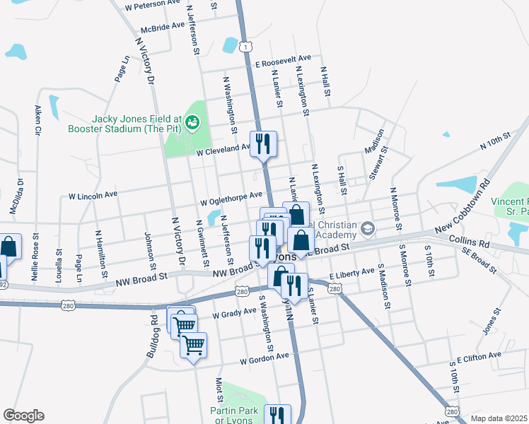 map of restaurants, bars, coffee shops, grocery stores, and more near 116 West Wesley Avenue in Lyons