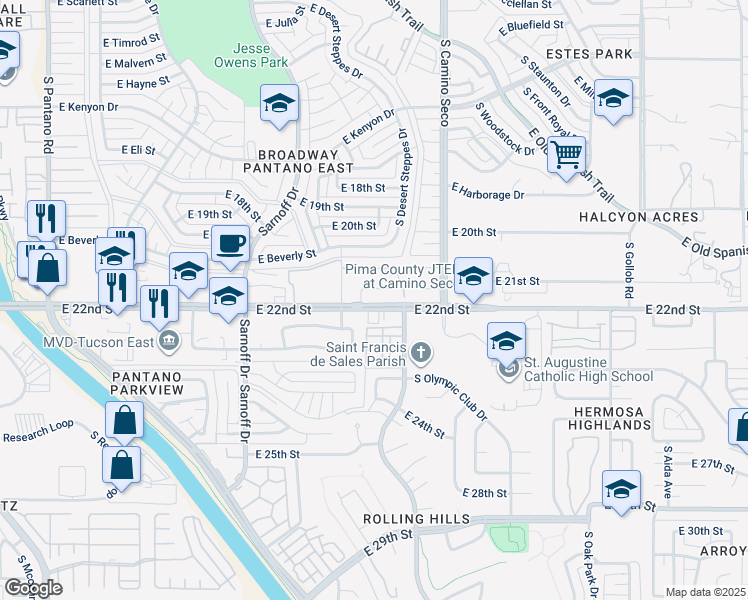 map of restaurants, bars, coffee shops, grocery stores, and more near 8536 East River Reserve Drive in Tucson