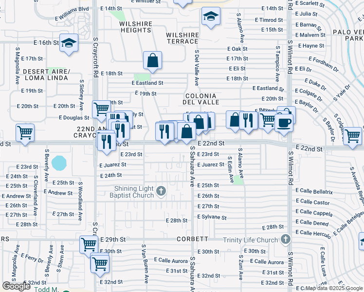 map of restaurants, bars, coffee shops, grocery stores, and more near 5810 East 22nd Street in Tucson