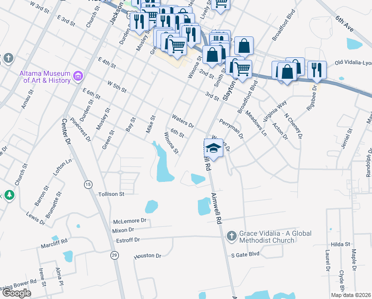 map of restaurants, bars, coffee shops, grocery stores, and more near 706 Smith Street in Vidalia