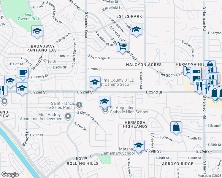 map of restaurants, bars, coffee shops, grocery stores, and more near 8868 East Abrams Loop in Tucson