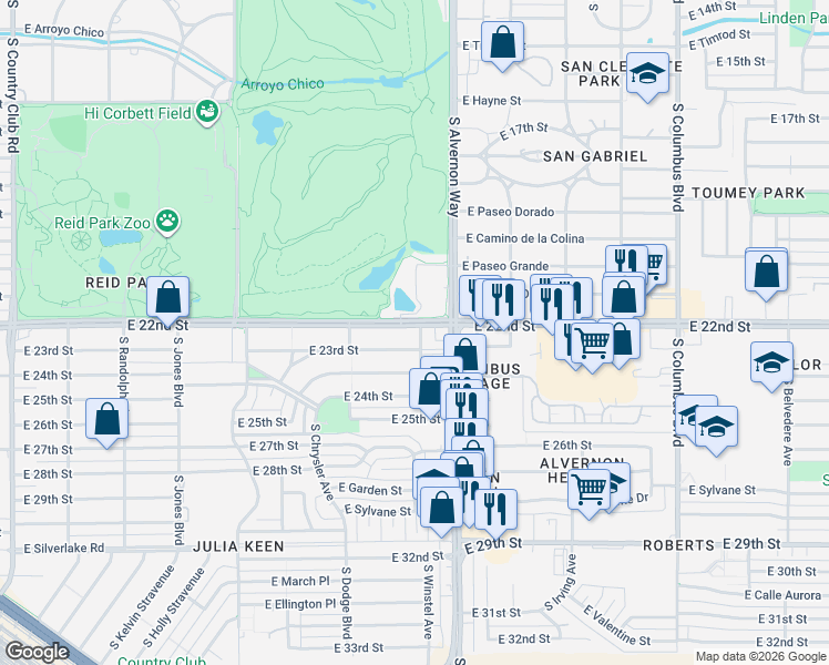 map of restaurants, bars, coffee shops, grocery stores, and more near 3750 East 22nd Street in Tucson