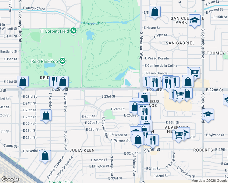 map of restaurants, bars, coffee shops, grocery stores, and more near 3714 East 22nd Street in Tucson