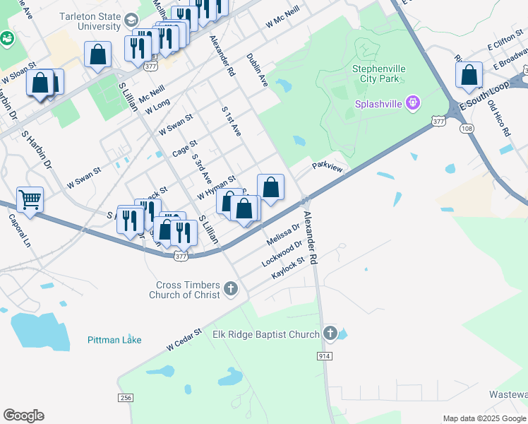 map of restaurants, bars, coffee shops, grocery stores, and more near 1359 West South Loop in Stephenville