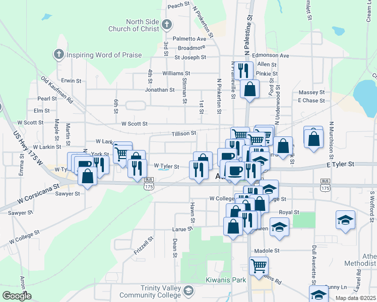 map of restaurants, bars, coffee shops, grocery stores, and more near 402 West Larkin Street in Athens