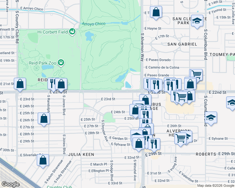 map of restaurants, bars, coffee shops, grocery stores, and more near 3714 East 22nd Street in Tucson