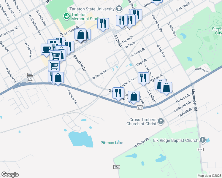 map of restaurants, bars, coffee shops, grocery stores, and more near 1717 Groesbeck Street in Stephenville