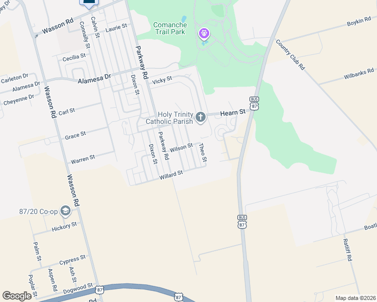 map of restaurants, bars, coffee shops, grocery stores, and more near 4205 Muir Street in Big Spring