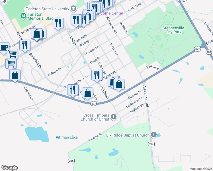 map of restaurants, bars, coffee shops, grocery stores, and more near 949 South Lillian Street in Stephenville