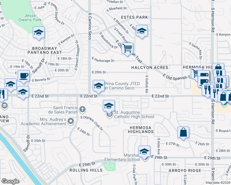 map of restaurants, bars, coffee shops, grocery stores, and more near 8868 East Abrams Loop in Tucson