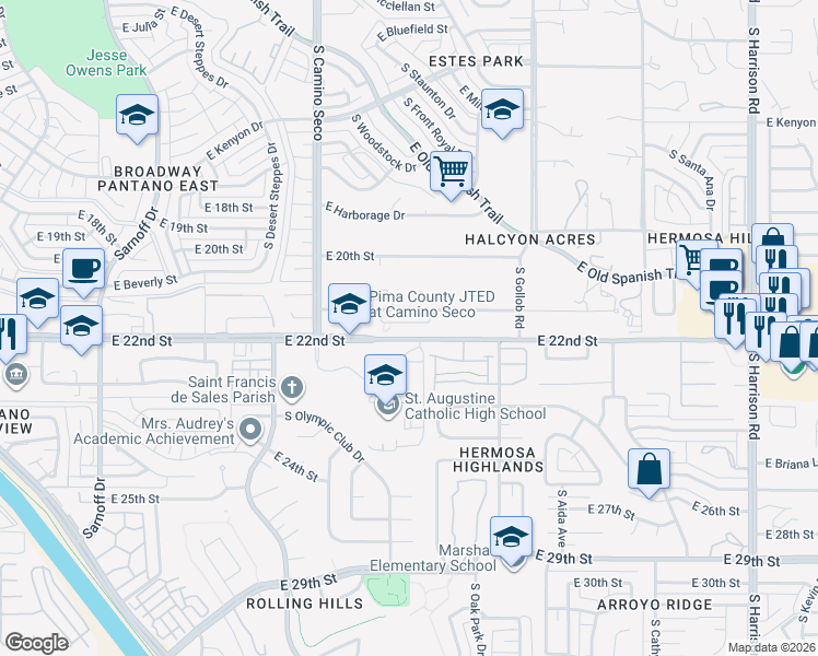 map of restaurants, bars, coffee shops, grocery stores, and more near 8868 East Abrams Loop in Tucson