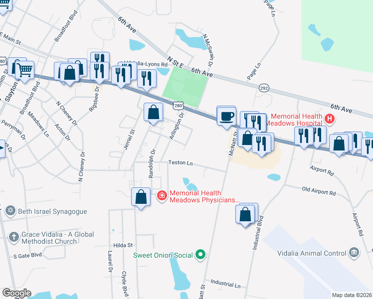 map of restaurants, bars, coffee shops, grocery stores, and more near 204 Nita Drive in Vidalia