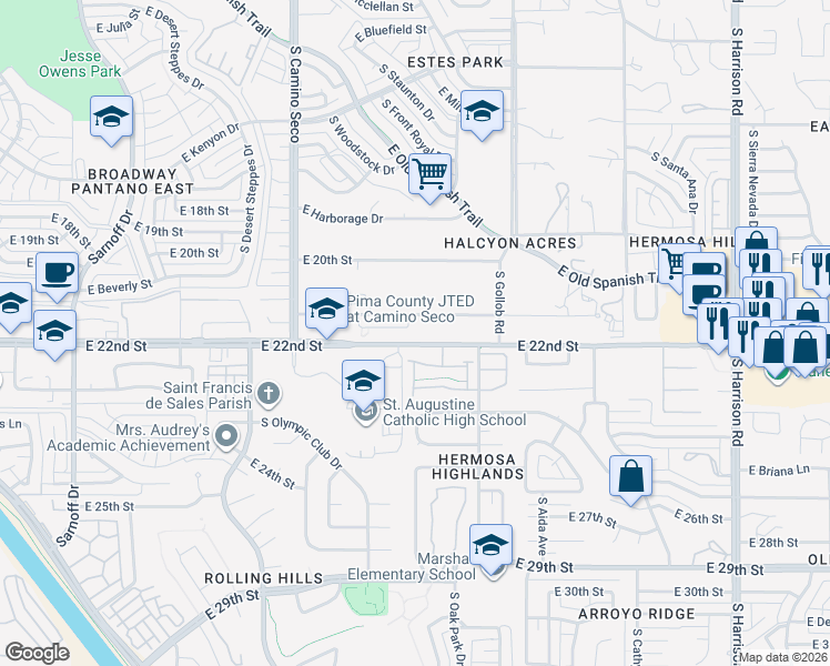 map of restaurants, bars, coffee shops, grocery stores, and more near 8914 East Abrams Loop in Tucson