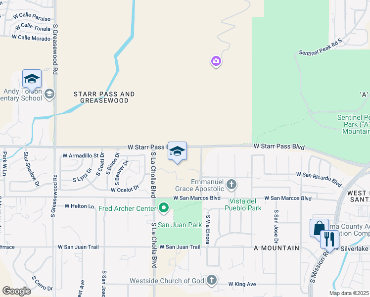 map of restaurants, bars, coffee shops, grocery stores, and more near 2001 West Starr Pass Boulevard in Tucson