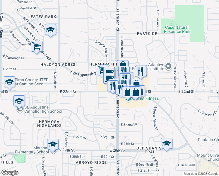 map of restaurants, bars, coffee shops, grocery stores, and more near 9451 East 22nd Street in Tucson