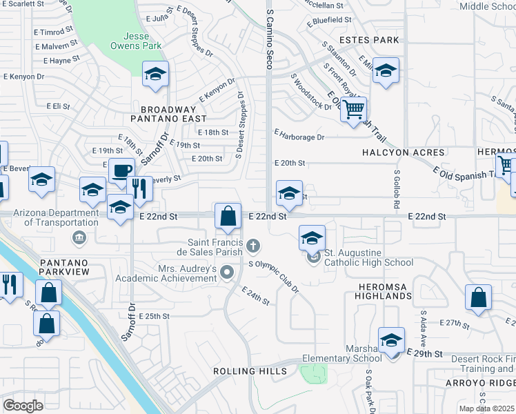 map of restaurants, bars, coffee shops, grocery stores, and more near 1185 South Therese Seal Court in Tucson