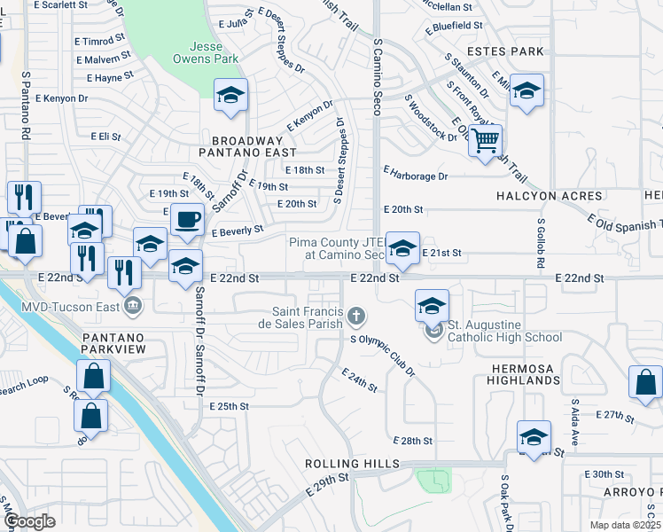 map of restaurants, bars, coffee shops, grocery stores, and more near 8536 East River Reserve Drive in Tucson