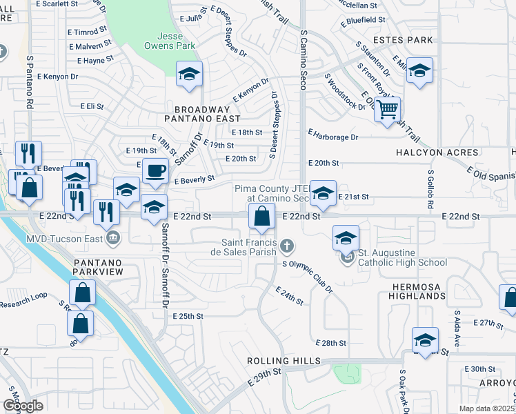 map of restaurants, bars, coffee shops, grocery stores, and more near 8536 East River Reserve Drive in Tucson