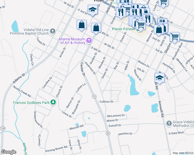 map of restaurants, bars, coffee shops, grocery stores, and more near 403 Pinecrest Drive in Vidalia