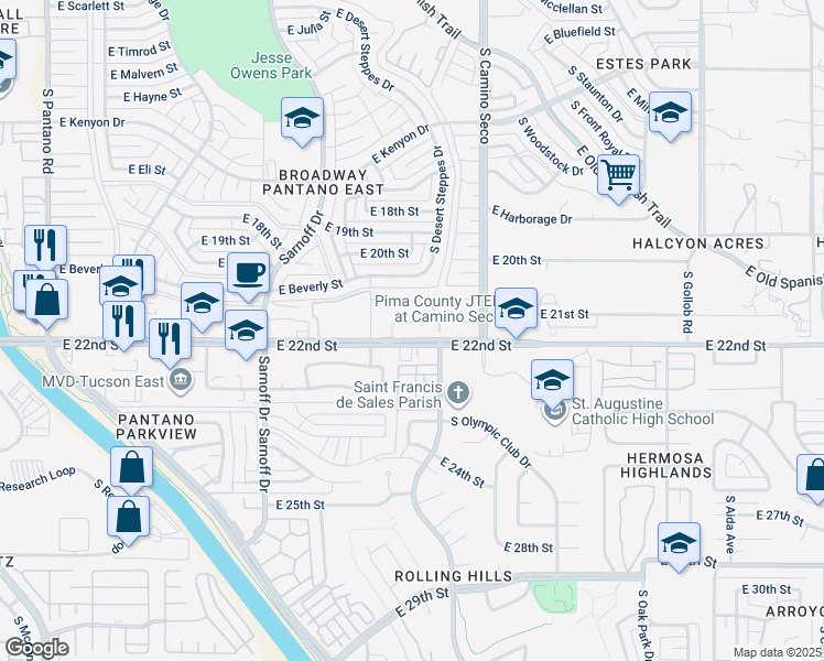 map of restaurants, bars, coffee shops, grocery stores, and more near 8536 East River Reserve Drive in Tucson