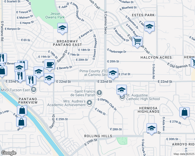 map of restaurants, bars, coffee shops, grocery stores, and more near 1185 South Therese Seal Court in Tucson
