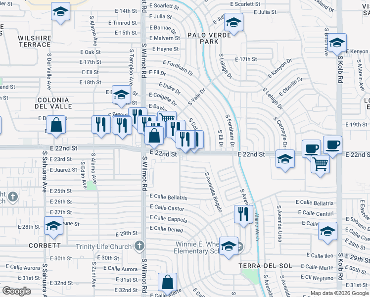 map of restaurants, bars, coffee shops, grocery stores, and more near 6401 East 22nd Street in Tucson
