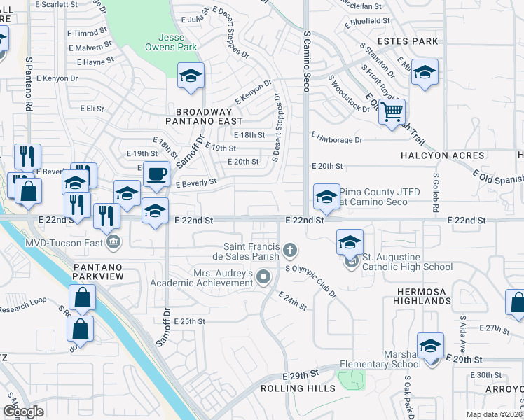 map of restaurants, bars, coffee shops, grocery stores, and more near 8536 East River Reserve Drive in Tucson