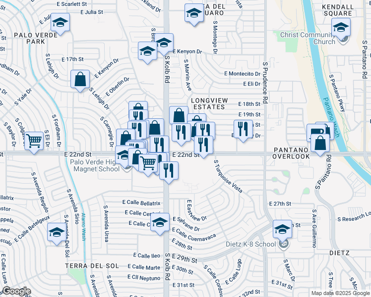 map of restaurants, bars, coffee shops, grocery stores, and more near 7115 East 22nd Street in Tucson