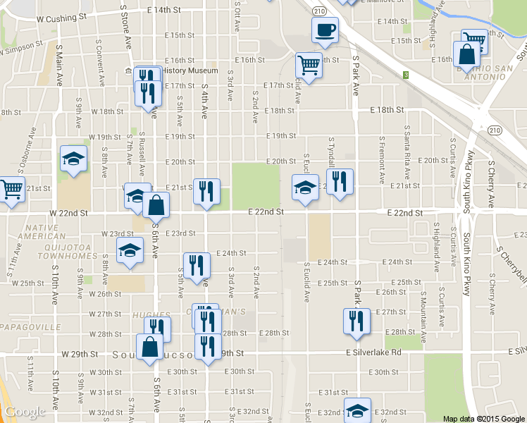 map of restaurants, bars, coffee shops, grocery stores, and more near 529 East 22nd Street in Tucson