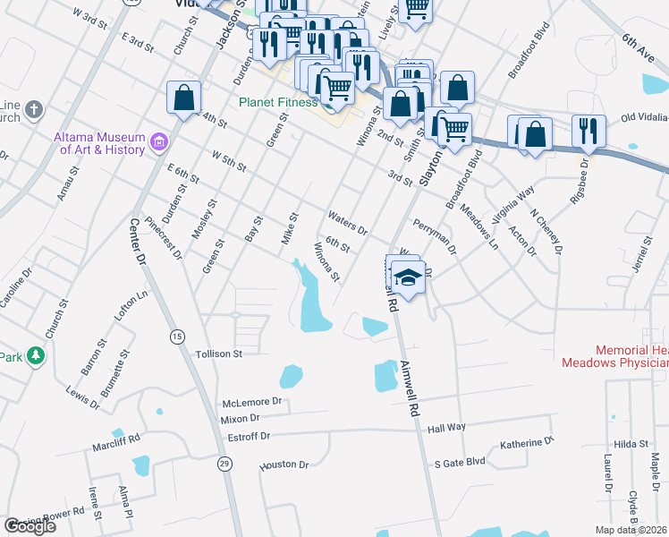 map of restaurants, bars, coffee shops, grocery stores, and more near 717 Winona Street in Vidalia