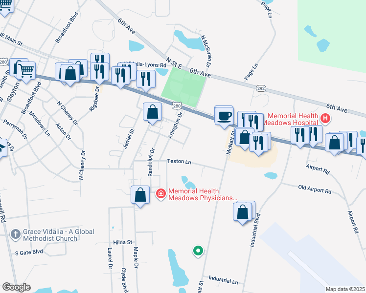 map of restaurants, bars, coffee shops, grocery stores, and more near 204 Nita Drive in Vidalia