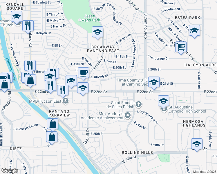 map of restaurants, bars, coffee shops, grocery stores, and more near 8485 East 22nd Street in Tucson