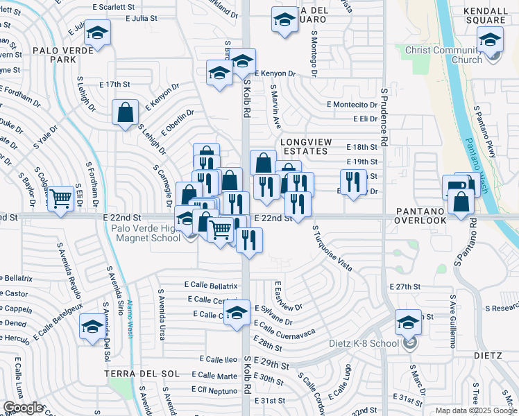 map of restaurants, bars, coffee shops, grocery stores, and more near 7115 East 22nd Street in Tucson