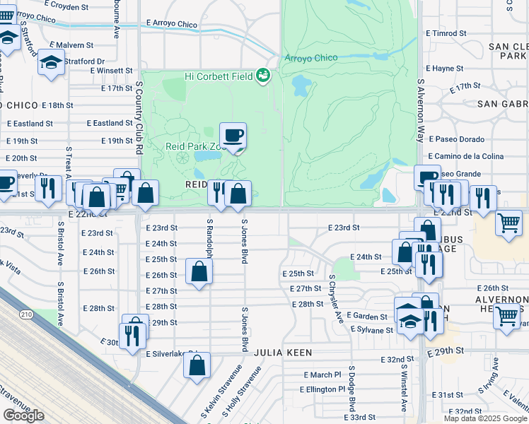 map of restaurants, bars, coffee shops, grocery stores, and more near 3434 East 22nd Street in Tucson
