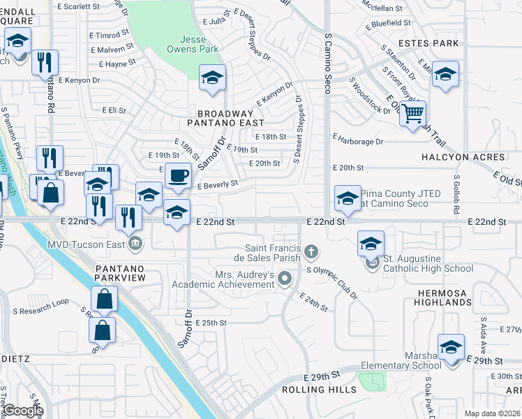 map of restaurants, bars, coffee shops, grocery stores, and more near 8503 Lusk Drive in Tucson