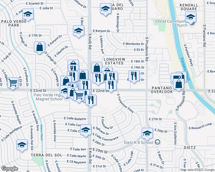 map of restaurants, bars, coffee shops, grocery stores, and more near 7227 East 22nd Street in Tucson