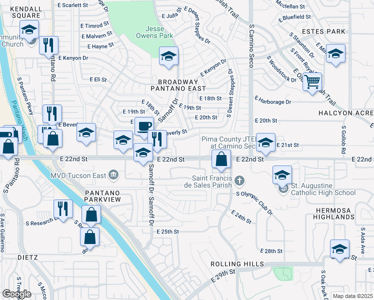 map of restaurants, bars, coffee shops, grocery stores, and more near 8402 East 22nd Street in Tucson
