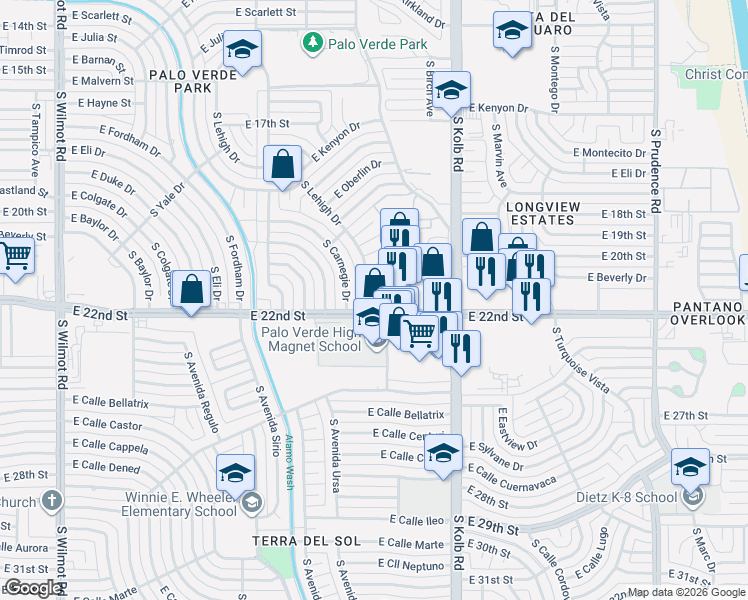 map of restaurants, bars, coffee shops, grocery stores, and more near 6901-6937 E 22nd St in Tucson